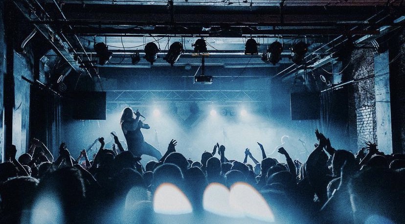 a crowd of people at a concert in a dark room